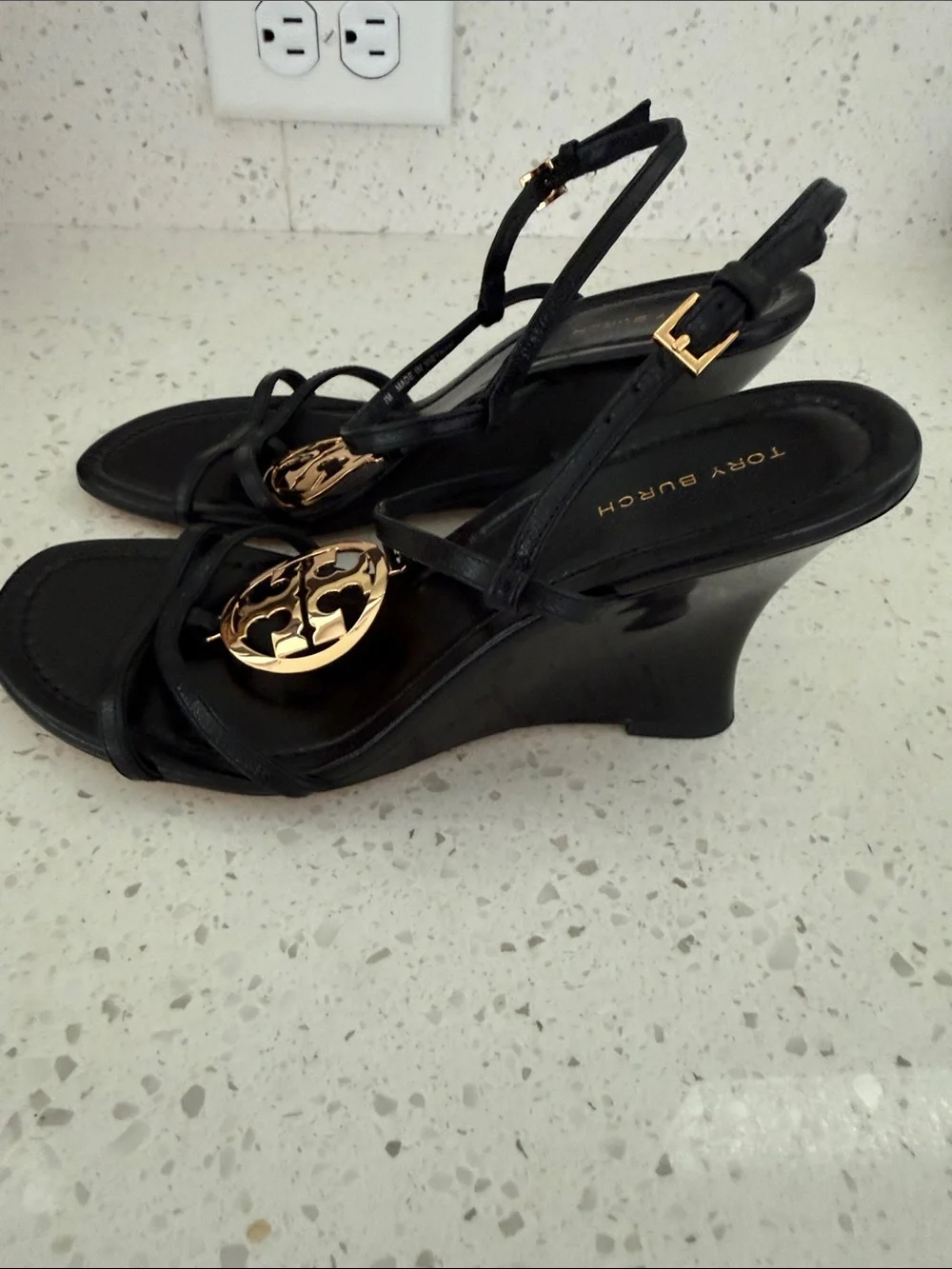 Tory Burch Capri Miller Strappy Wedge Sandals Perfect Black Gold Medallion